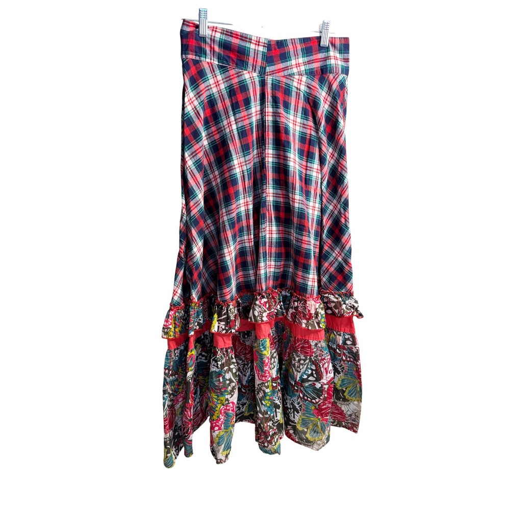 Solitaire Plaid Floral Butterfly Tiered Maxi Skirt Red Navy Blue Boho Ruffle M - Picture 2 of 7